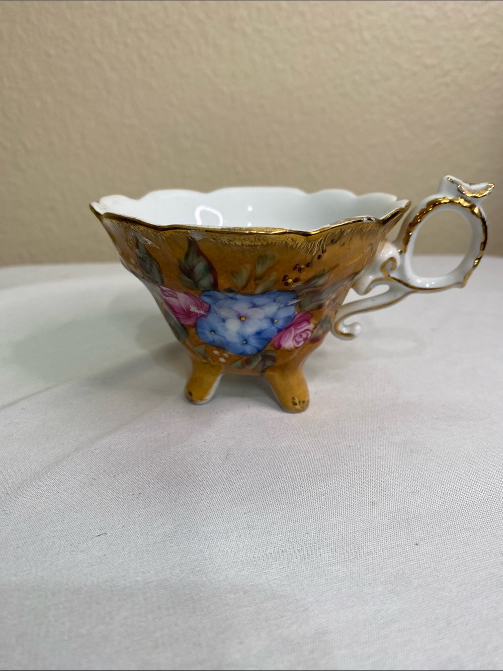 Porcelain Floral Gold Teacup Accent - White, Gold, Blue & Pink